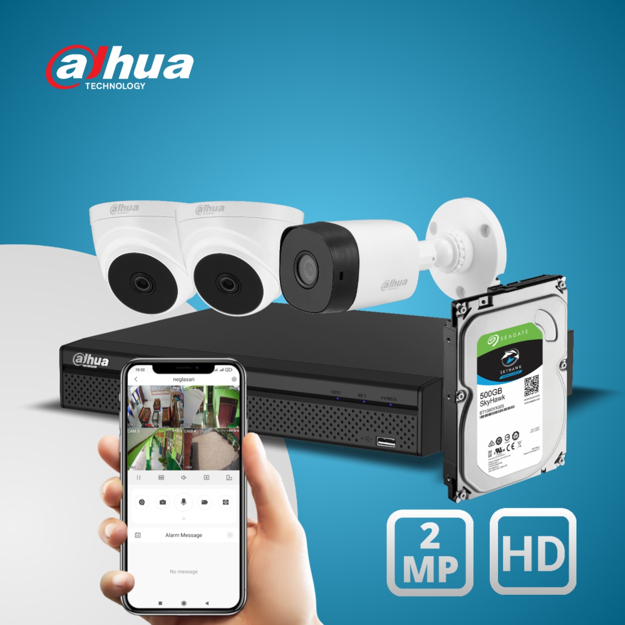 Paket cctv dahua 3 kamera 2mp termasuk pasang